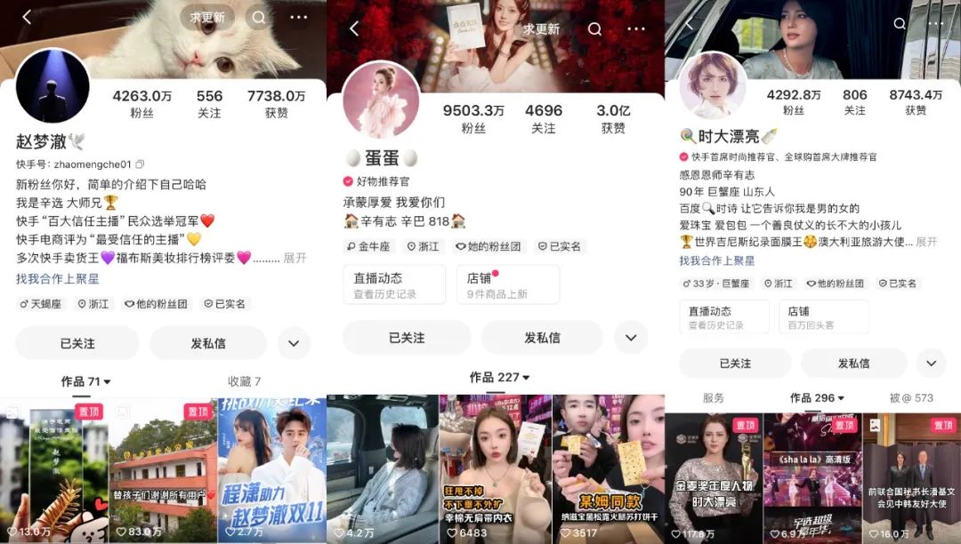 其中,女弟子@蛋蛋 已积累9500万粉丝,是快手平台粉丝量第二的带货ip